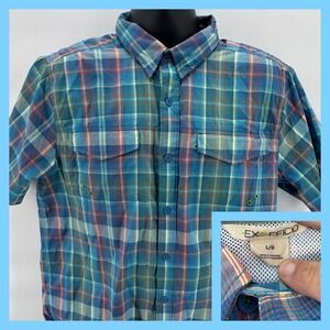 ExOfficio Plaid Short Sleeve Button Up Shirt vented  Men's Size L‎